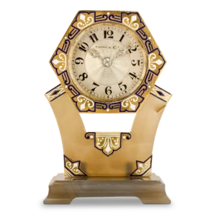 Tiffany & Co. Art Deco Carved Agate, Enamel and Diamond Clock