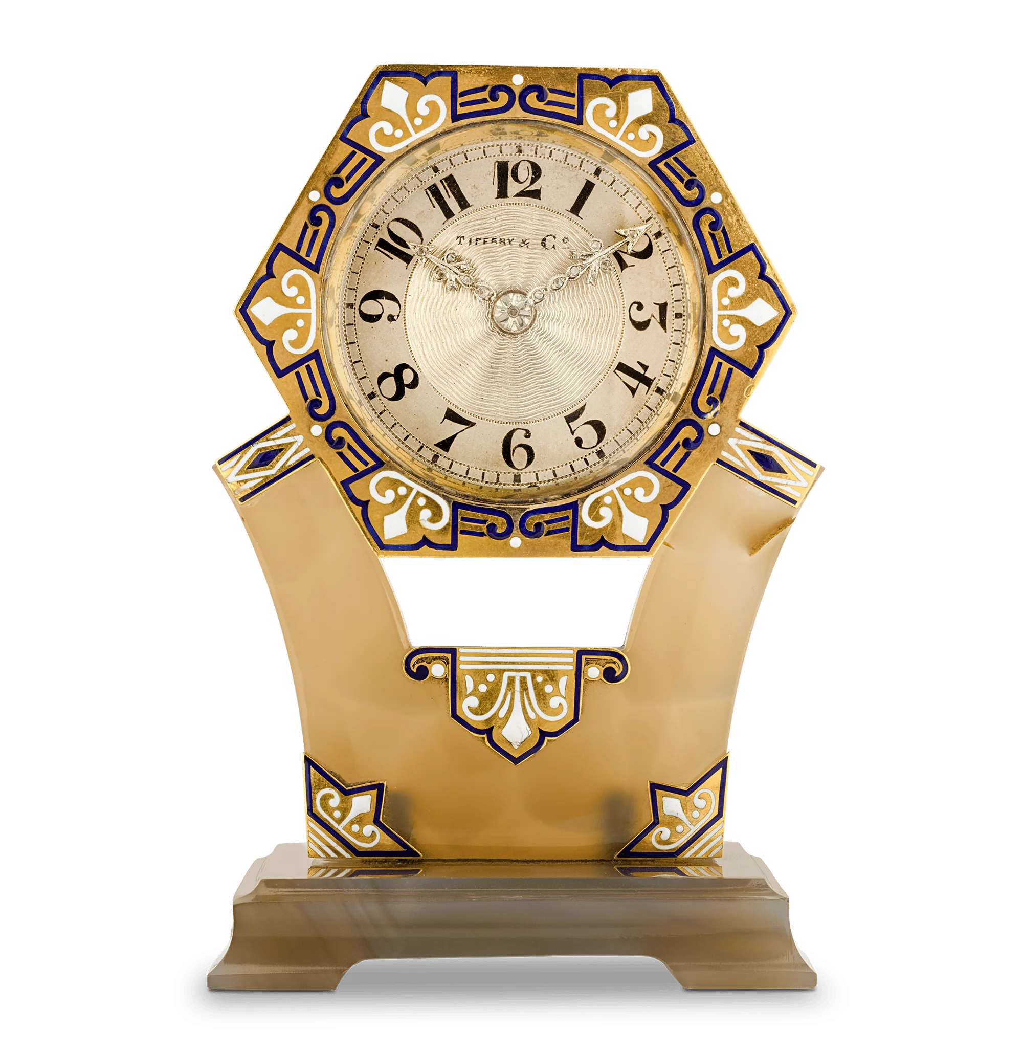 Tiffany & Co. Art Deco Carved Agate, Enamel and Diamond Clock