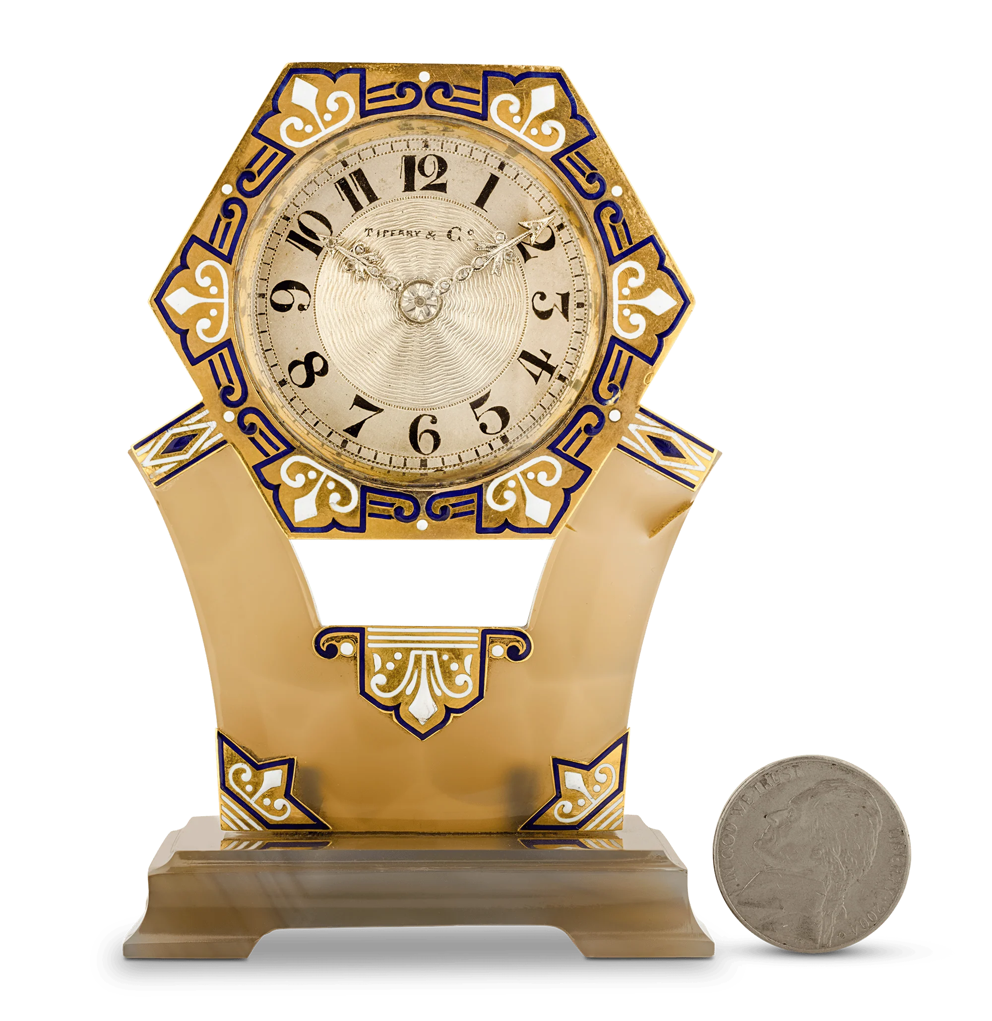 Tiffany & Co. Art Deco Carved Agate, Enamel and Diamond Clock - Image 5